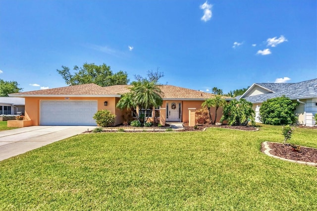ranch-style home featuring stucco siding, concrete driveway, a garage, and a front lawn