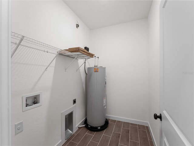 14449 Appleton Blvd, Port Charlotte, FL 33981 - washroom with water heater, hookup for a washing machine, wood finish floors, and electric dryer hookup
