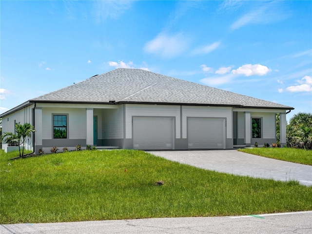 14449 Appleton Blvd, Port Charlotte, FL 33981 - view of front facade featuring a garage, a front lawn, roof with shingles, and driveway