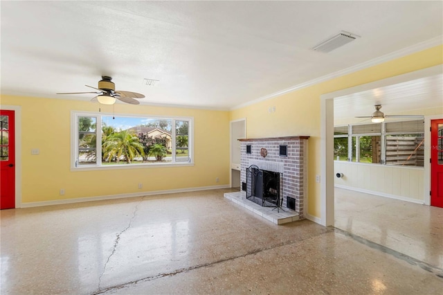 217 Palm Ave E, Nokomis, FL 34275 - unfurnished living room with a ceiling fan, baseboards, ornamental molding, and a fireplace