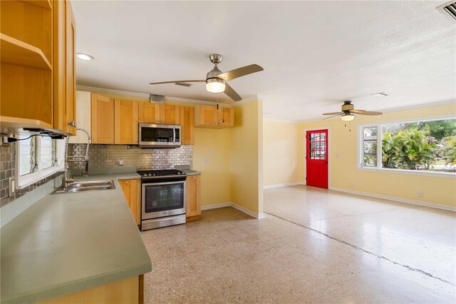 217 Palm Ave E, Nokomis, FL 34275 - kitchen featuring appliances with stainless steel finishes, baseboards, tasteful backsplash, a sink, and a ceiling fan