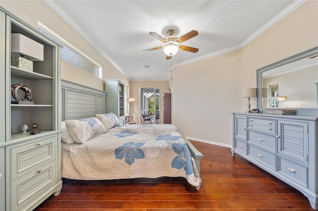 bedroom with dark wood-type flooring, access to exterior, and ornamental molding