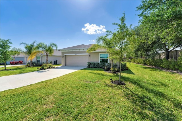ranch-style house featuring stucco siding, an attached garage, a front lawn, and driveway