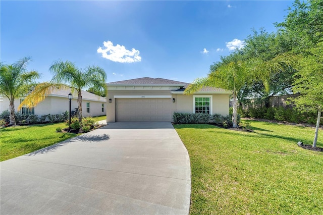 view of front facade featuring a front lawn, driveway, stucco siding, and an attached garage