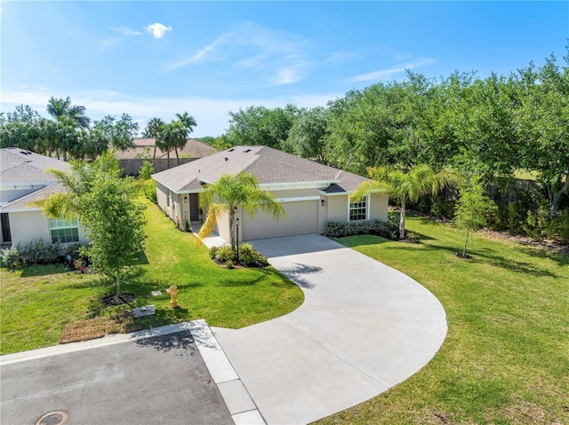 view of front facade featuring stucco siding, an attached garage, concrete driveway, and a front yard
