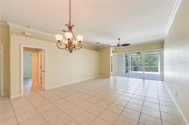 11291 Wine Palm Rd, Fort Myers, FL 33966 - empty room with baseboards, crown molding, light tile patterned floors, and ceiling fan with notable chandelier