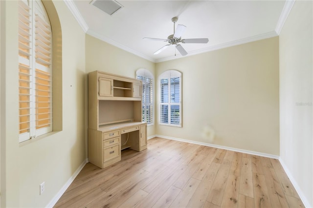 11291 Wine Palm Rd, Fort Myers, FL 33966 - unfurnished office with light wood-style flooring, ornamental molding, baseboards, and ceiling fan