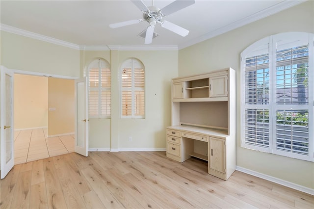 11291 Wine Palm Rd, Fort Myers, FL 33966 - unfurnished office with light wood finished floors, baseboards, crown molding, and a ceiling fan