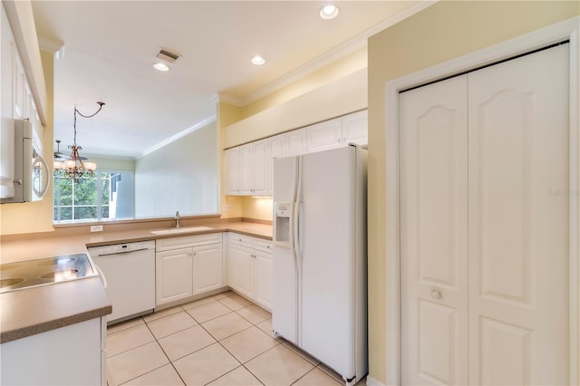 11291 Wine Palm Rd, Fort Myers, FL 33966 - kitchen with white cabinets, crown molding, white appliances, a sink, and light tile patterned floors