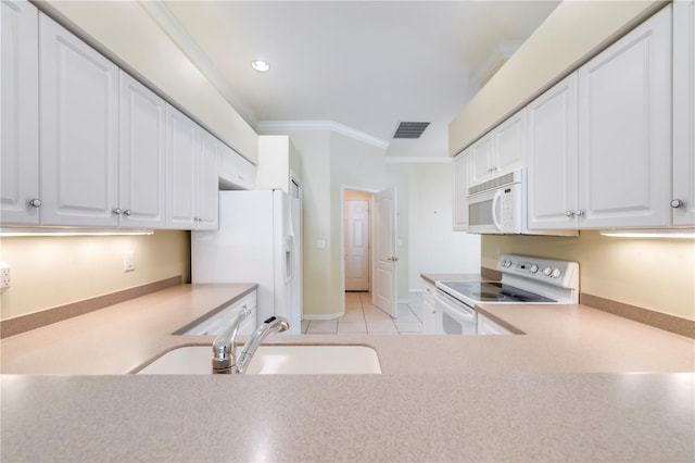 11291 Wine Palm Rd, Fort Myers, FL 33966 - kitchen featuring light countertops, crown molding, white appliances, a sink, and visible vents