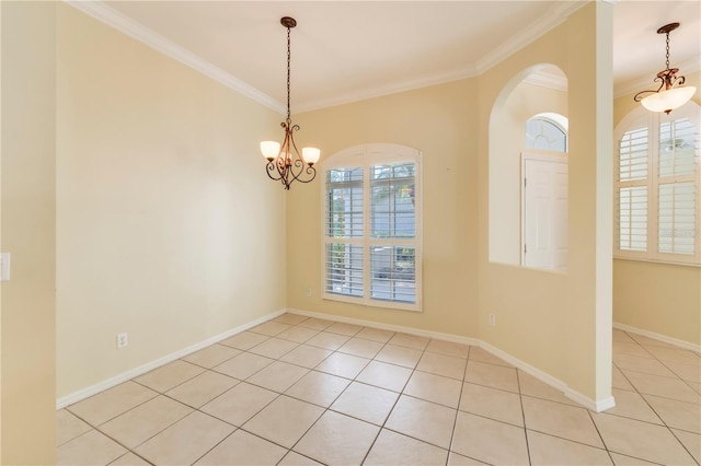 11291 Wine Palm Rd, Fort Myers, FL 33966 - spare room featuring crown molding, baseboards, arched walkways, an inviting chandelier, and light tile patterned floors