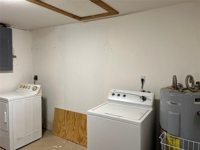 washroom with electric panel, electric water heater, laundry area, and washer / dryer