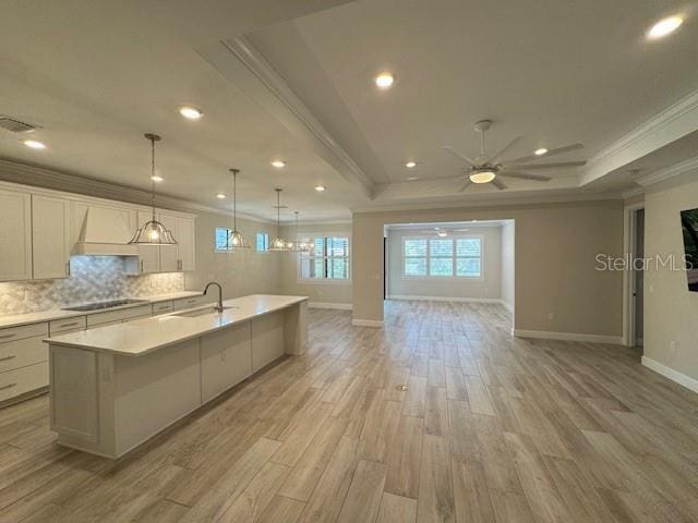 1263 Cicely Ct, North Port, FL 34289 - kitchen with ornamental molding, open floor plan, a tray ceiling, light wood finished floors, and baseboards