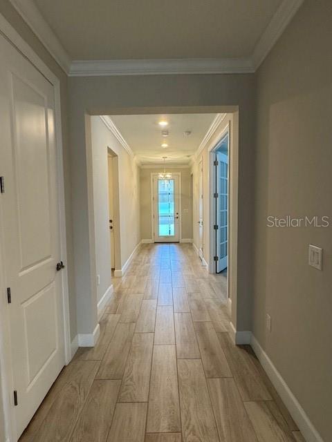 1263 Cicely Ct, North Port, FL 34289 - hall featuring crown molding, light wood-type flooring, and baseboards