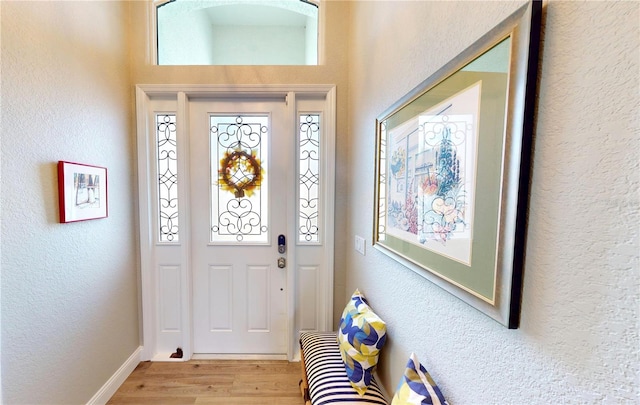 foyer entrance featuring plenty of natural light, a textured wall, and light wood-style flooring
