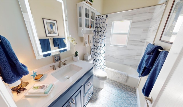 full bathroom featuring shower / tub combo with curtain, toilet, and vanity