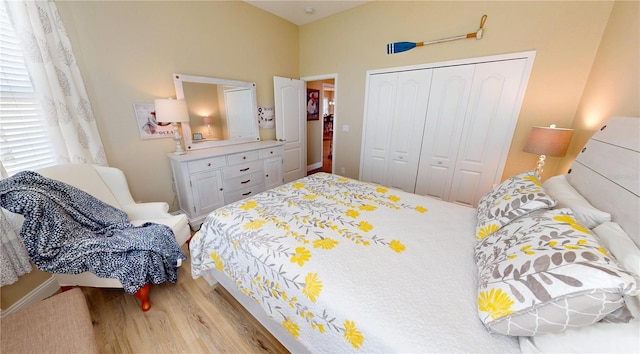 bedroom featuring wood finished floors and a closet