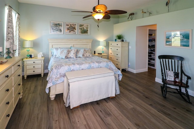 bedroom featuring a closet, a spacious closet, ceiling fan, dark wood finished floors, and baseboards