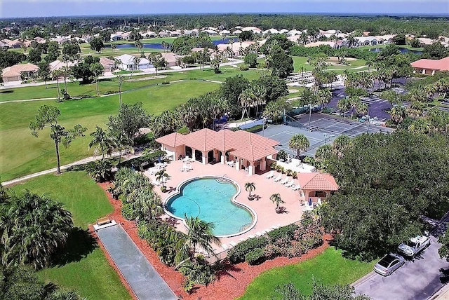 bird's eye view featuring view of golf course and a residential view