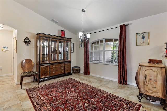 dining space featuring visible vents, baseboards, arched walkways, an inviting chandelier, and vaulted ceiling