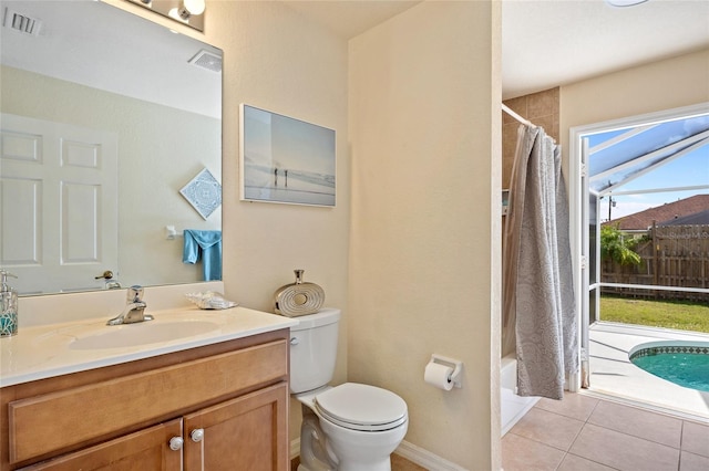 bathroom featuring visible vents, shower / bath combination with curtain, toilet, vanity, and tile patterned flooring