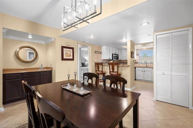 dining area with visible vents, ornamental molding, recessed lighting, an inviting chandelier, and light tile patterned floors
