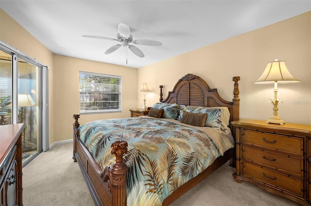 bedroom with light carpet, baseboards, a ceiling fan, and access to outside
