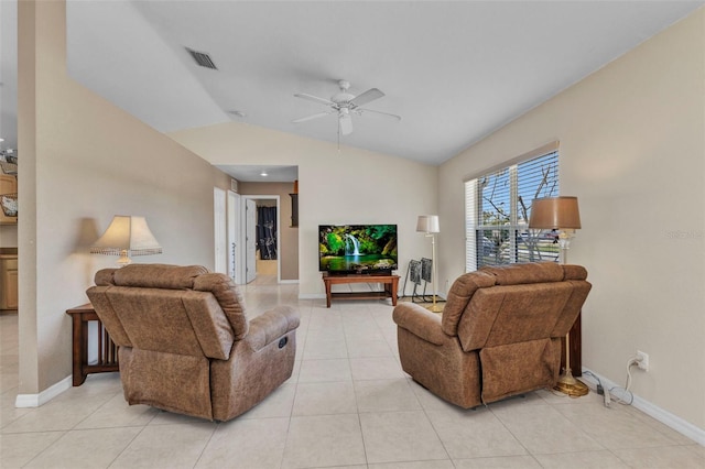 6344 Hera St, Englewood, FL 34224 - living room featuring lofted ceiling, visible vents, a ceiling fan, light tile patterned flooring, and baseboards