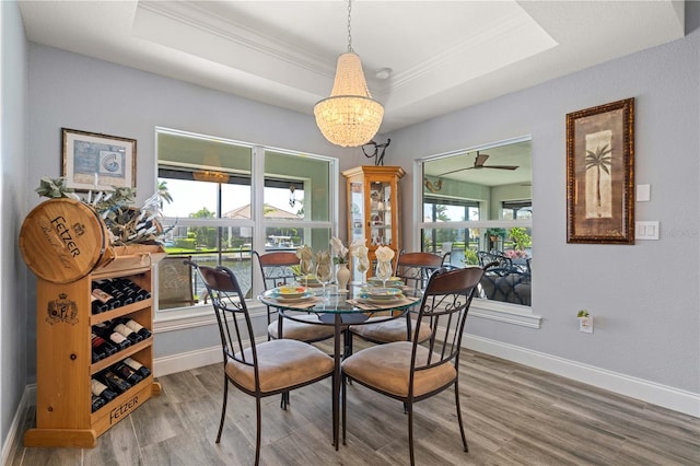 dining area featuring an inviting chandelier, a tray ceiling, baseboards, and wood finished floors