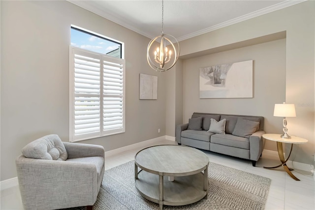 living area with baseboards, a notable chandelier, crown molding, and light tile patterned floors