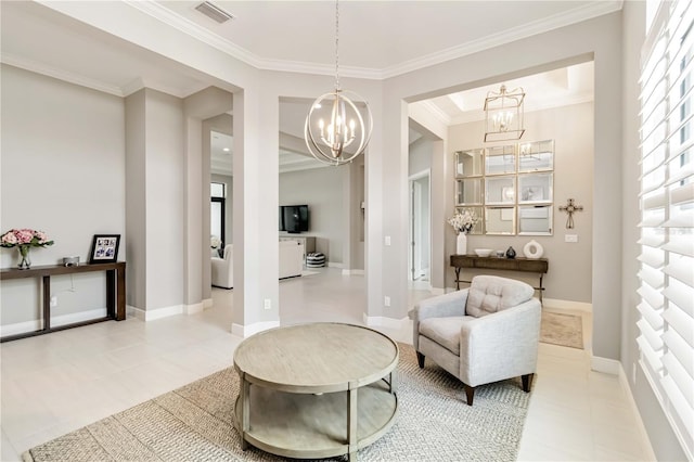 sitting room with light tile patterned flooring, a notable chandelier, baseboards, visible vents, and ornamental molding