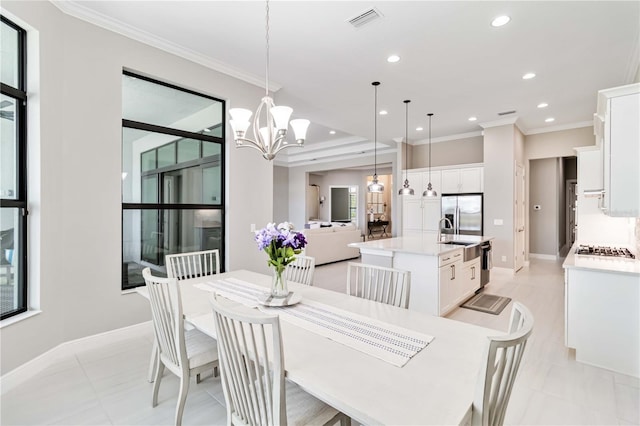 dining area with baseboards, visible vents, recessed lighting, and ornamental molding