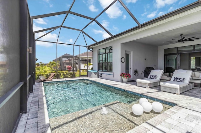 pool featuring a lanai, an outdoor living space, ceiling fan, and a patio