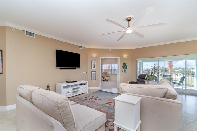1326 Wesley Dr Unit 123, Punta Gorda, FL 33950 - living area featuring crown molding, ceiling fan, visible vents, and plenty of natural light