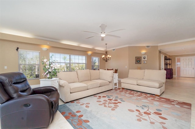 1326 Wesley Dr Unit 123, Punta Gorda, FL 33950 - living room featuring crown molding, ceiling fan with notable chandelier, and visible vents