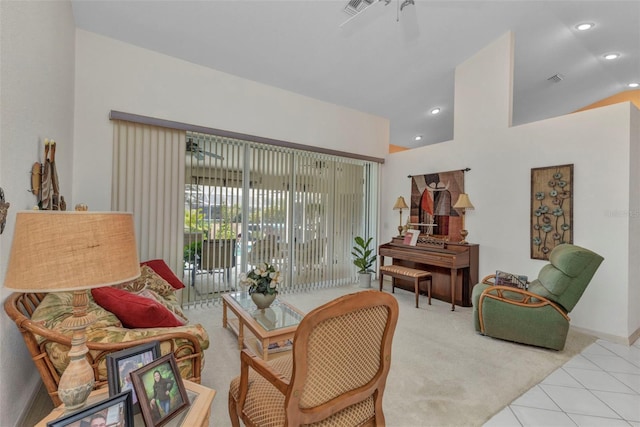 23104 Turnbull Ave, Port Charlotte, FL 33954 - living area with visible vents, ceiling fan, carpet floors, recessed lighting, and vaulted ceiling