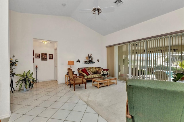 23104 Turnbull Ave, Port Charlotte, FL 33954 - living room with high vaulted ceiling, ceiling fan, visible vents, and light tile patterned floors