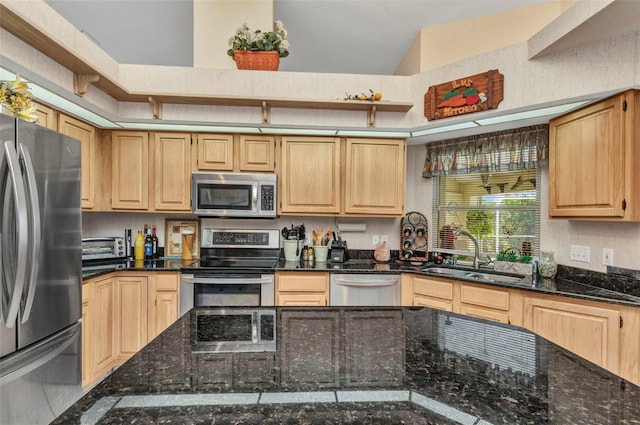23104 Turnbull Ave, Port Charlotte, FL 33954 - kitchen featuring a sink, light brown cabinetry, dark stone counters, and stainless steel appliances