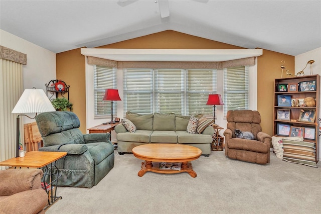 23104 Turnbull Ave, Port Charlotte, FL 33954 - living room with vaulted ceiling, a ceiling fan, and carpet floors