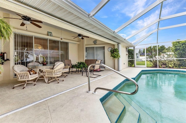 23104 Turnbull Ave, Port Charlotte, FL 33954 - outdoor pool featuring an outdoor living space, a patio area, ceiling fan, and glass enclosure