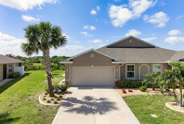 7209 W Lenox Cir, Punta Gorda, FL 33950 - view of front of house with a front yard, an attached garage, concrete driveway, stucco siding, and roof with shingles