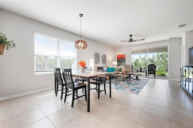 7209 W Lenox Cir, Punta Gorda, FL 33950 - dining space featuring visible vents, baseboards, a ceiling fan, and light tile patterned floors