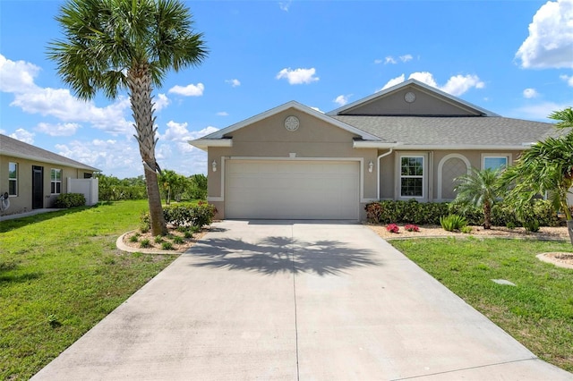 7209 W Lenox Cir, Punta Gorda, FL 33950 - view of front of property with a shingled roof, a garage, stucco siding, a front lawn, and driveway