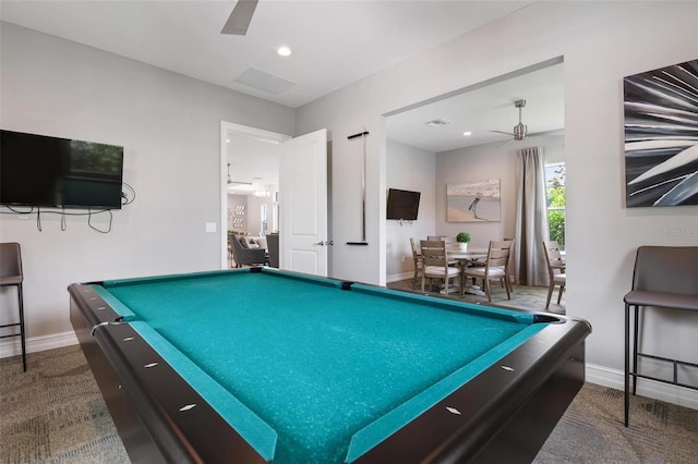 7209 W Lenox Cir, Punta Gorda, FL 33950 - rec room featuring pool table, ceiling fan, baseboards, and carpet flooring