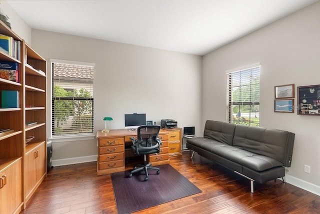 office area with baseboards, dark wood finished floors, and plenty of natural light