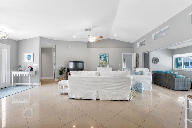 bedroom featuring visible vents, baseboards, ceiling fan, light tile patterned flooring, and lofted ceiling