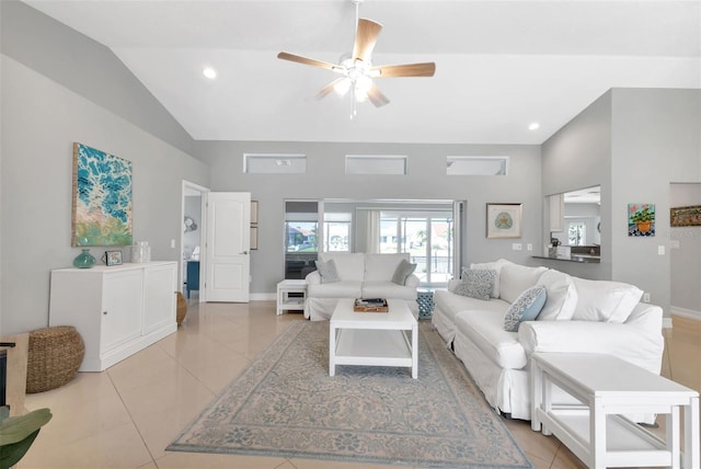 living area featuring high vaulted ceiling, recessed lighting, light tile patterned floors, and a ceiling fan