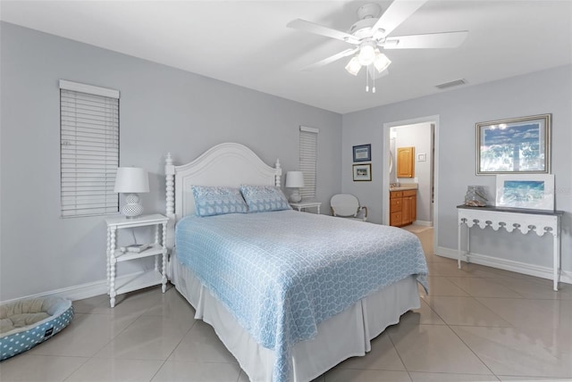 bedroom with visible vents, baseboards, a ceiling fan, and light tile patterned flooring