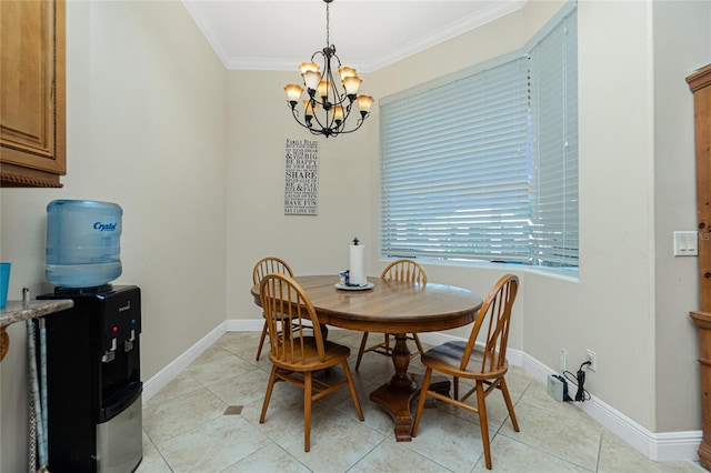 dining room with ornamental molding, light tile patterned flooring, a notable chandelier, and baseboards