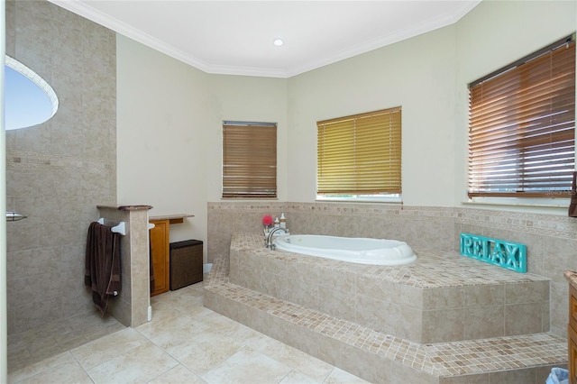 full bathroom featuring tile patterned floors, a wealth of natural light, a garden tub, and crown molding